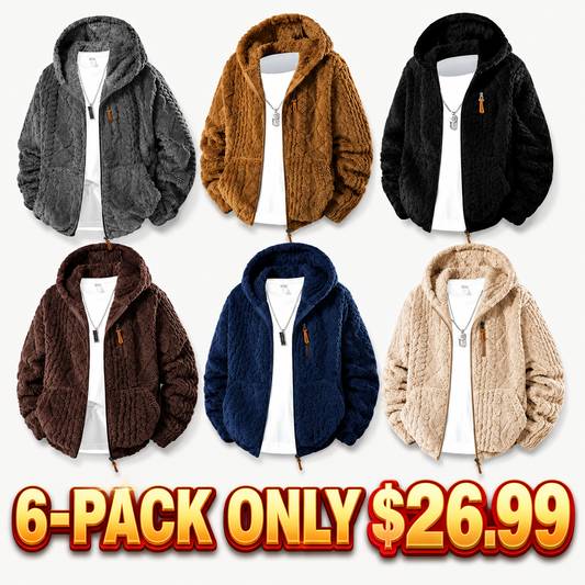 Men's Jacquard Thermal Fleece Zip-Up Hoodie, Loose Fit Warm Plush Texture Hooded Jacket with Kangaroo Pockets