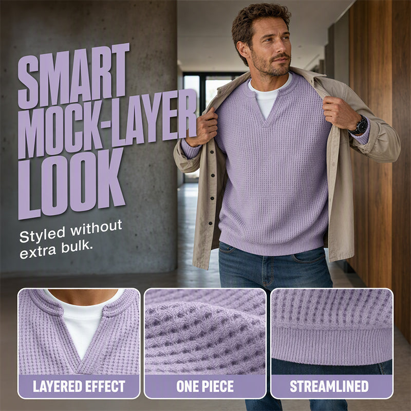 ⌛Limited-Time Offer⌛Men's Waffle-Knit Long-Sleeve V-Neck Pullover Shirt, Faux 2-Piece Street Look