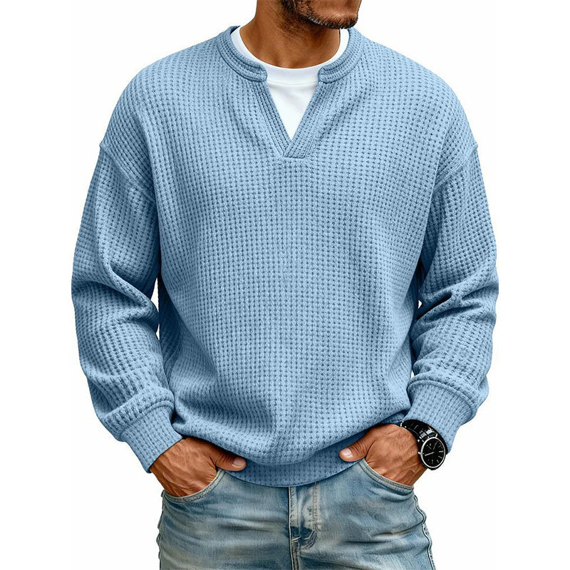 ⌛Limited-Time Offer⌛Men's Waffle-Knit Long-Sleeve V-Neck Pullover Shirt, Faux 2-Piece Street Look