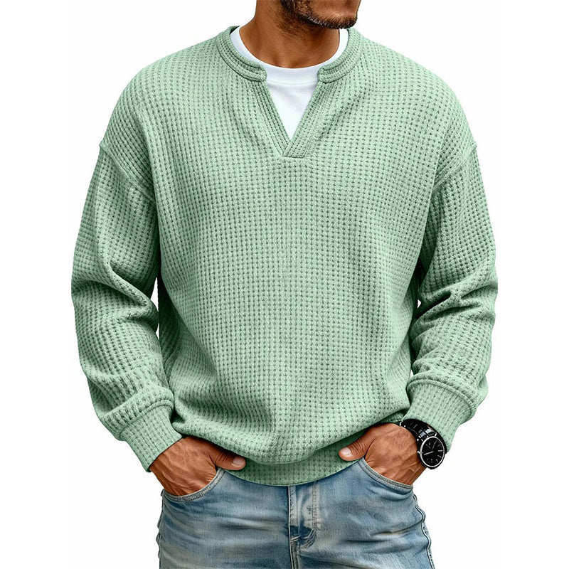 ⌛Limited-Time Offer⌛Men's Waffle-Knit Long-Sleeve V-Neck Pullover Shirt, Faux 2-Piece Street Look