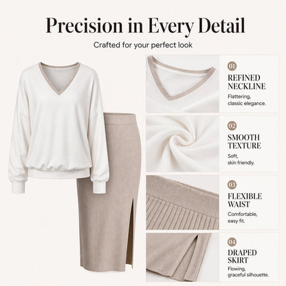 ✨ Effortless 2-Piece Elegance | Women's V-Neck Long-Sleeve Top & Ribbed Skirt Set